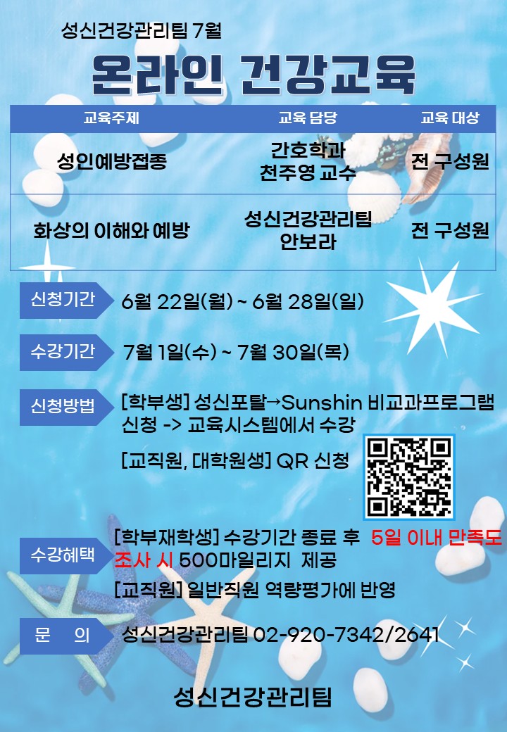 성신건강관리팀 7월 온라인 건강교육. 교육주제: 성인예방접종 (교육 담당: 간호학과 천주영 교수, 교육 대상: 전 구성원) / 화상의 이해와 예방 (교육 담당: 성신건강관리팀 안보라, 교육 대상: 전 구성원). 신청기간: 6월 22일(월) ~ 6월 28일(일). 수강기간: 7월 1일(수) ~ 7월 30일(목). 신청방법: [학부생] 성신포탈 (이동) Sunshin 비교과프로그램 신청 (이동) 교육시스템에서 수강 / [교직원, 대학원생] QR 신청(주소: https://m.site.naver.com/2aACJ). 수강혜택: [학부재학생] 수강기간 종료 후 5일 이내 만족도 조사 시 500마일리지 제공 / [교직원] 일반직원 역량평가에 반영. 문의: 성신건강관리팀 02-920-7342/2641.